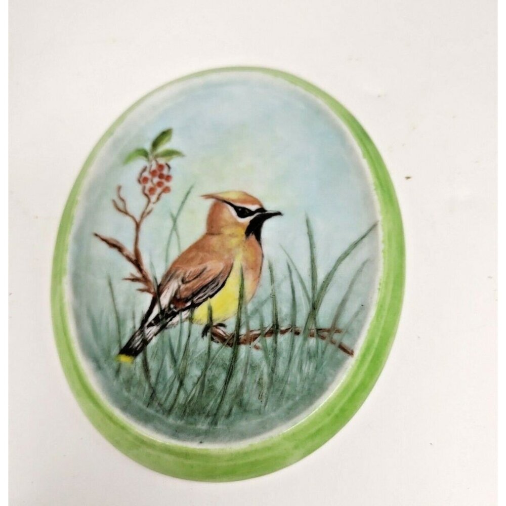Hand Painted Oval Plate Bird Painting "Cedar Waxwing" signed Palmer H.P. 1987